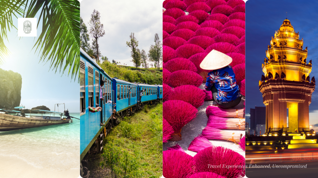 Four photos showing tourist attractions in South East Asia